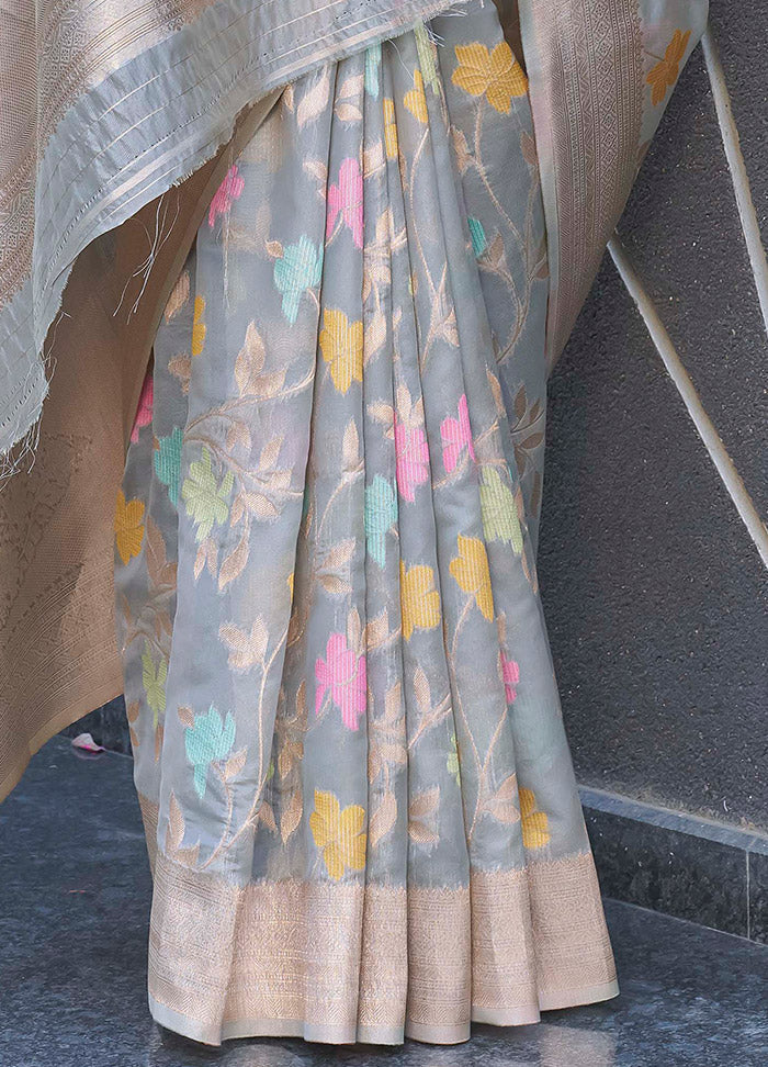 Grey Organza Saree With Blouse Piece - Indian Silk House Agencies