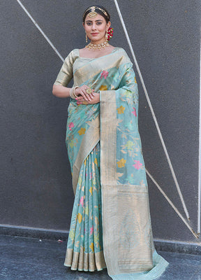 Light Blue Organza Saree With Blouse Piece - Indian Silk House Agencies