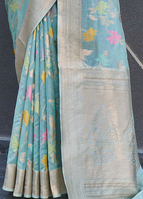 Light Blue Organza Saree With Blouse Piece - Indian Silk House Agencies