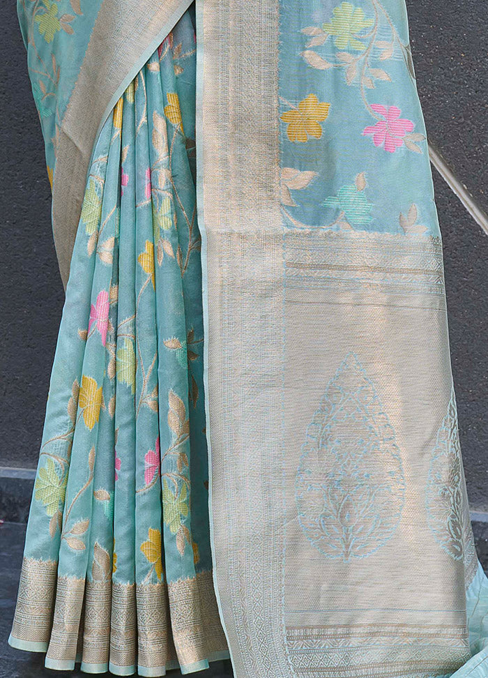 Light Blue Organza Saree With Blouse Piece - Indian Silk House Agencies