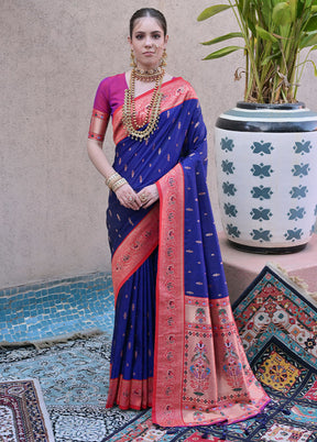 Navy Blue Dupion Silk Saree With Blouse Piece