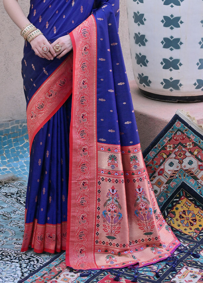 Navy Blue Dupion Silk Saree With Blouse Piece