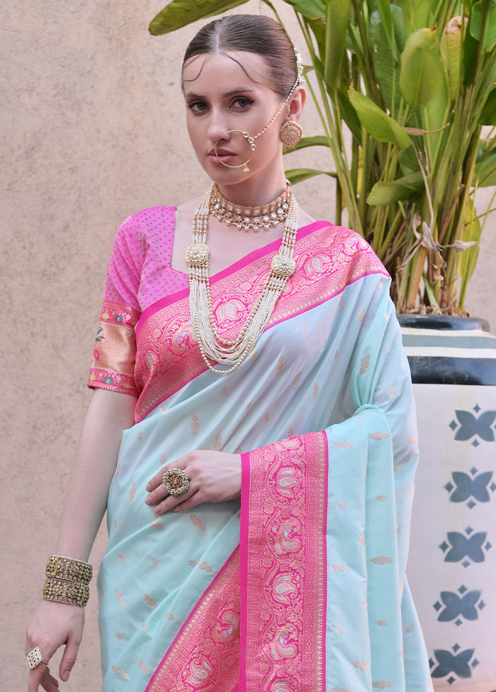 Sea Green Dupion Silk Saree With Blouse Piece