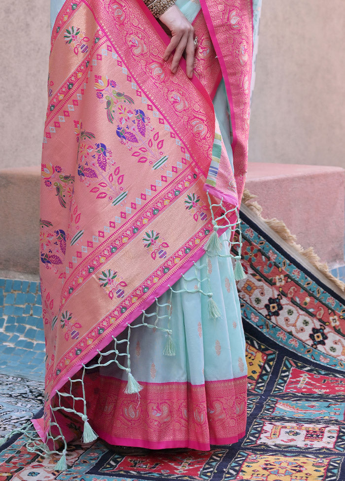 Sea Green Dupion Silk Saree With Blouse Piece