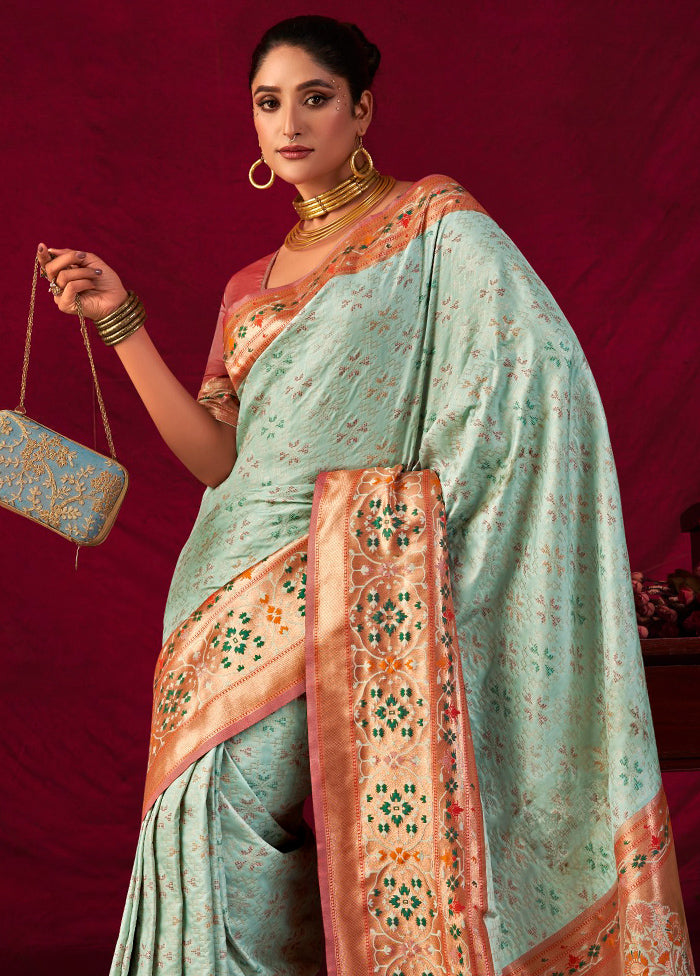 Sea Green Dupion Silk Saree With Blouse Piece