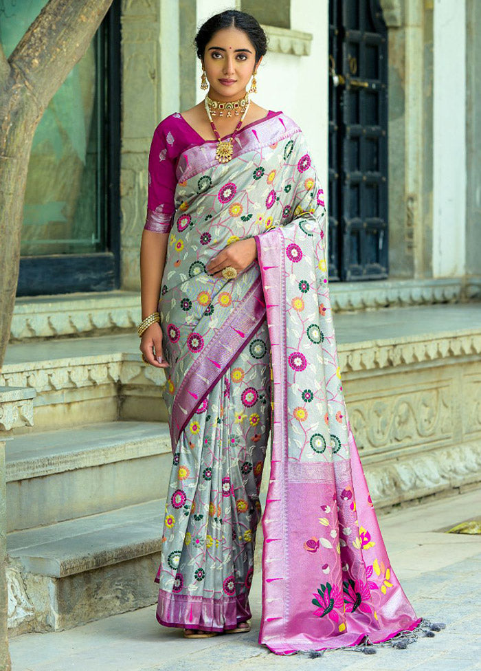 Grey Kanjivaram Silk Saree With Blouse Piece