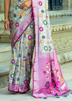 Grey Kanjivaram Silk Saree With Blouse Piece