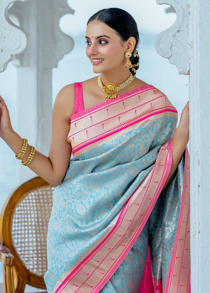 Firoza Kanjivaram Silk Saree With Blouse Piece