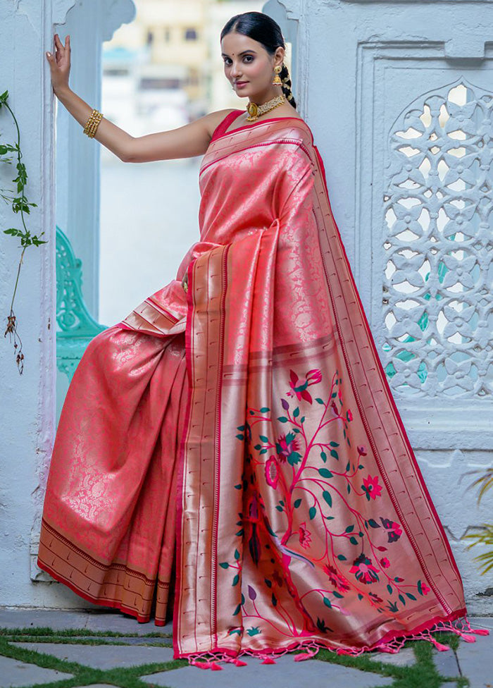 Peach Kanjivaram Silk Saree With Blouse Piece