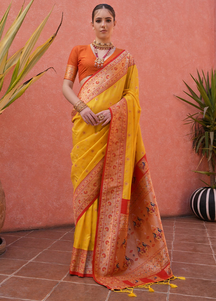 Yellow Dupion Silk Saree With Blouse Piece