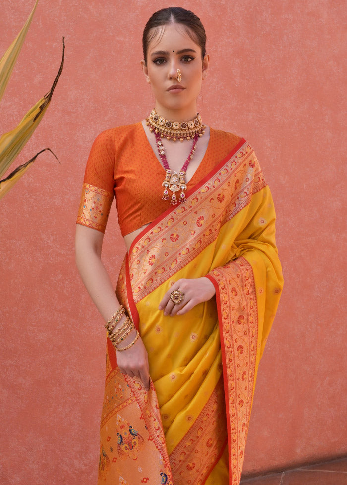 Yellow Dupion Silk Saree With Blouse Piece