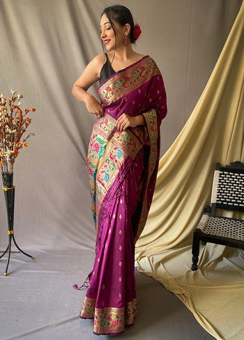 Wine Zari Woven Spun Silk Saree With Blouse - Indian Silk House Agencies