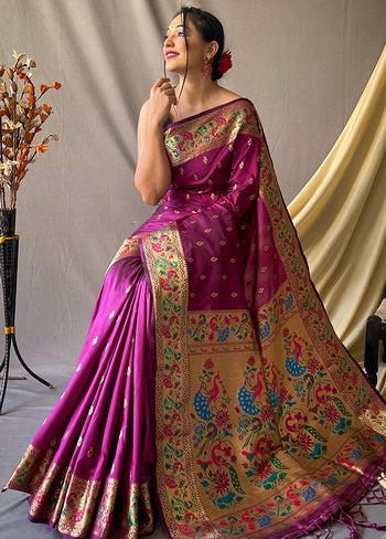 Wine Zari Woven Spun Silk Saree With Blouse - Indian Silk House Agencies