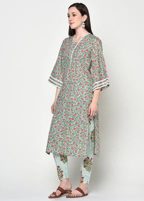 2 Pc Green Pure Readymade Cotton Kurti Set