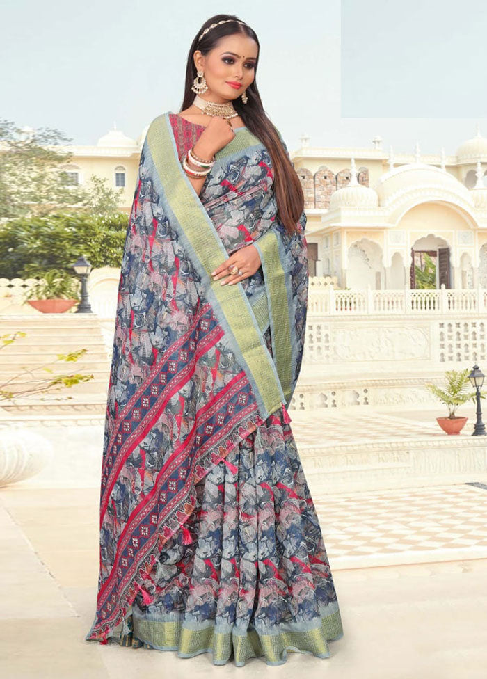 Blue Cotton Saree With Blouse Piece - Indian Silk House Agencies