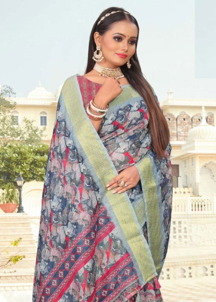 Blue Cotton Saree With Blouse Piece - Indian Silk House Agencies