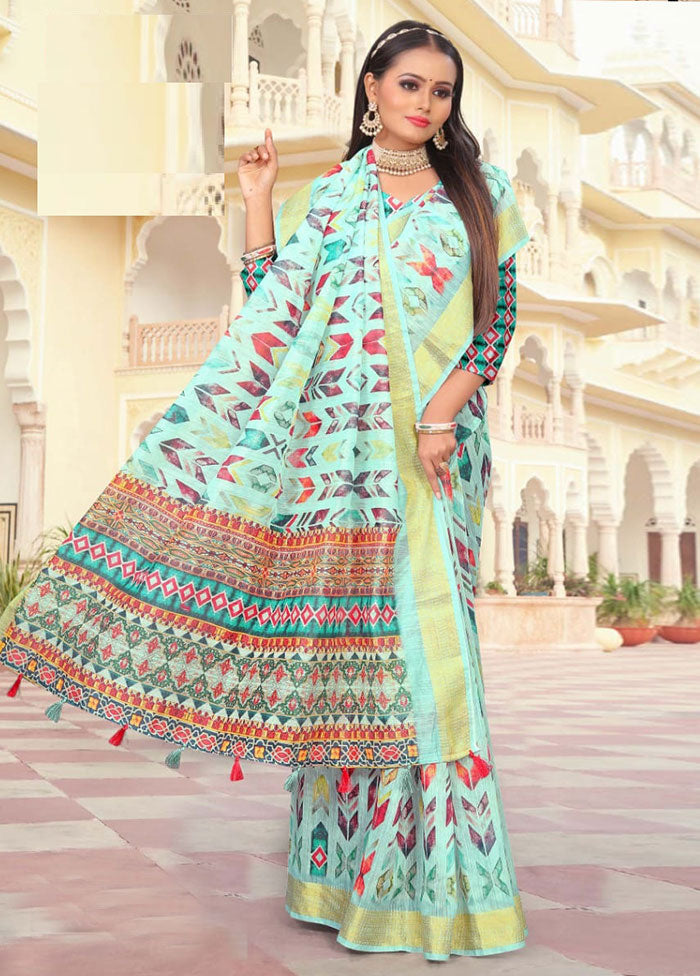 Sky Blue Cotton Saree With Blouse Piece - Indian Silk House Agencies