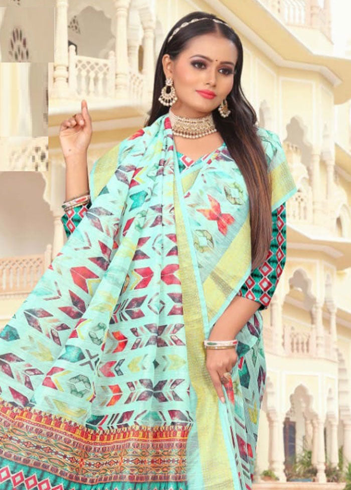 Sky Blue Cotton Saree With Blouse Piece - Indian Silk House Agencies