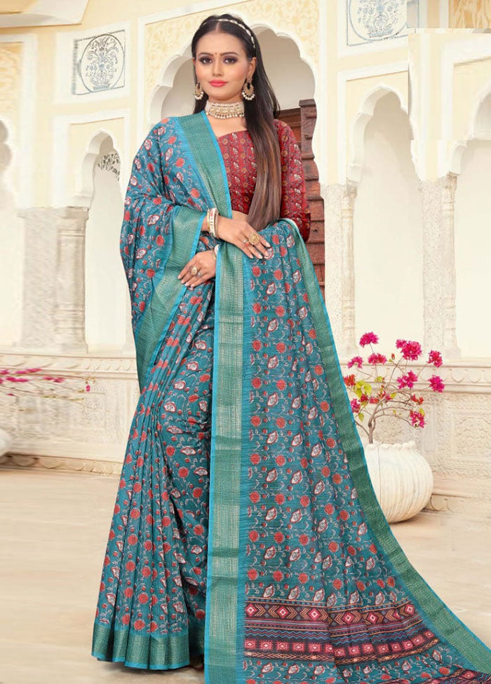 Sky Blue Cotton Saree With Blouse Piece - Indian Silk House Agencies