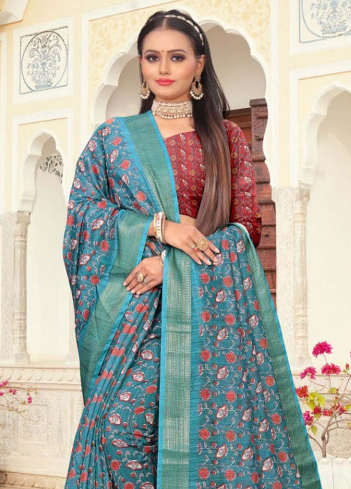 Sky Blue Cotton Saree With Blouse Piece - Indian Silk House Agencies