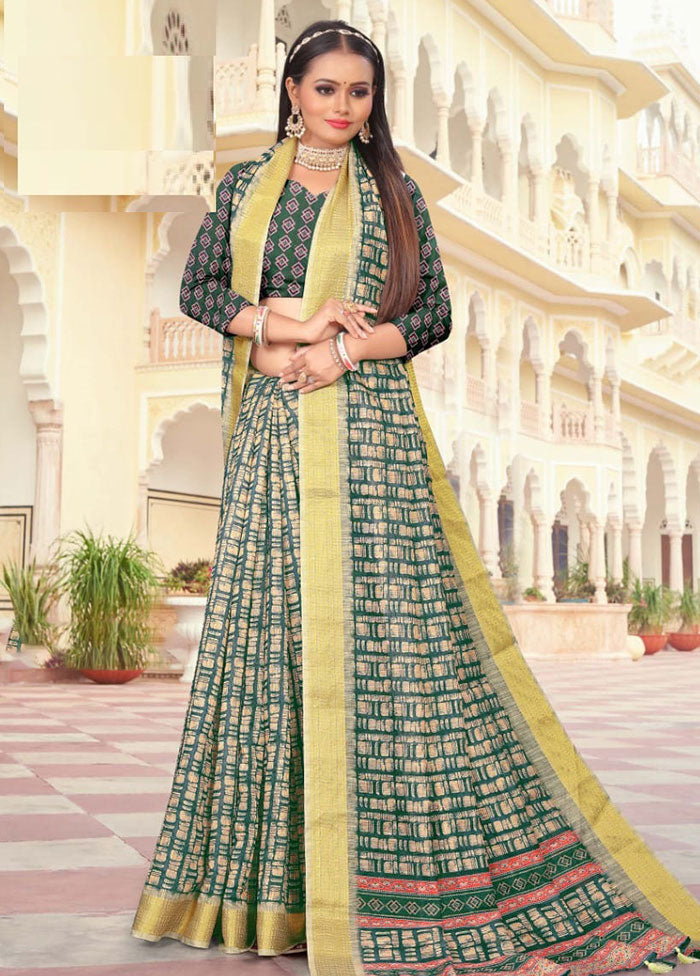 Green Cotton Saree With Blouse Piece - Indian Silk House Agencies