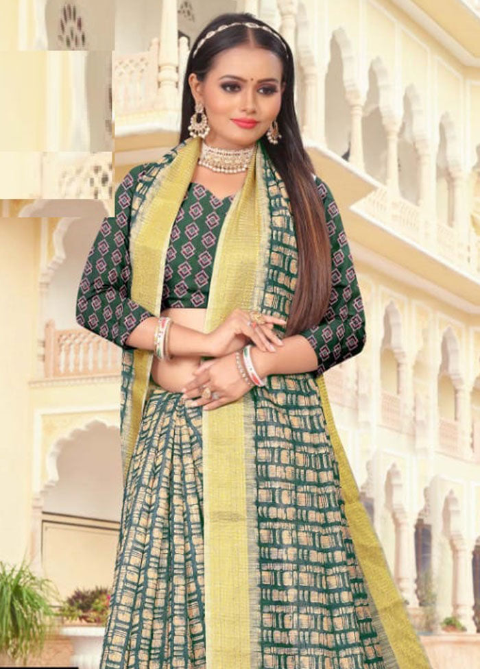 Green Cotton Saree With Blouse Piece - Indian Silk House Agencies