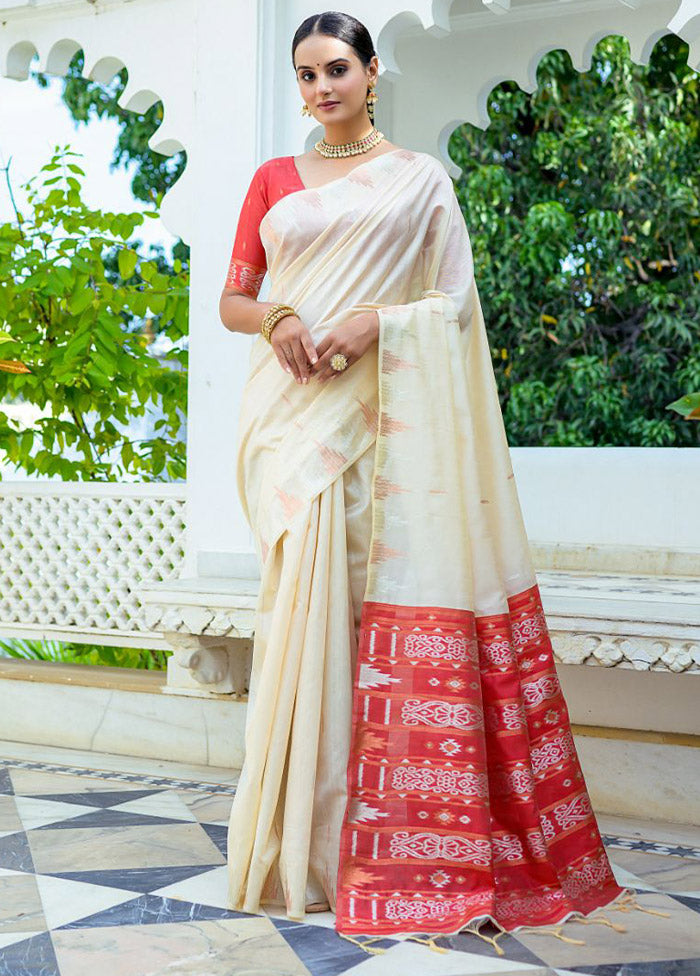 Cream Dupion Silk Saree With Blouse Piece