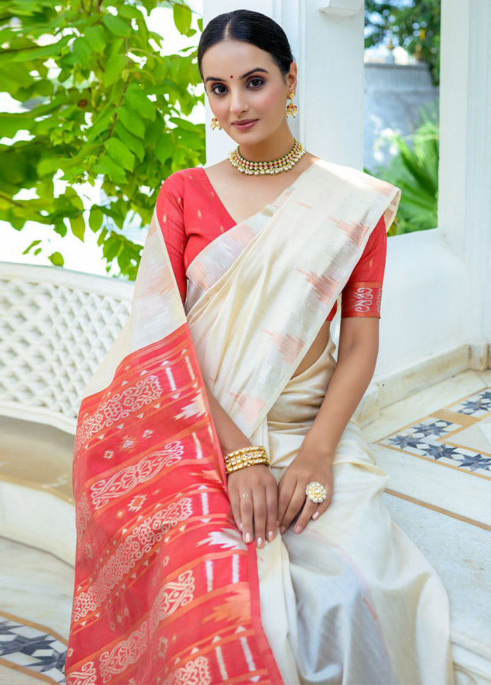 Cream Dupion Silk Saree With Blouse Piece