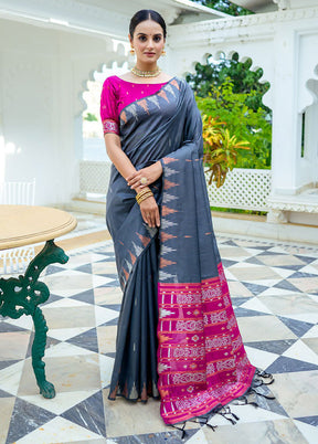 Grey Dupion Silk Saree With Blouse Piece