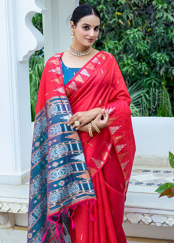 Red Dupion Silk Saree With Blouse Piece