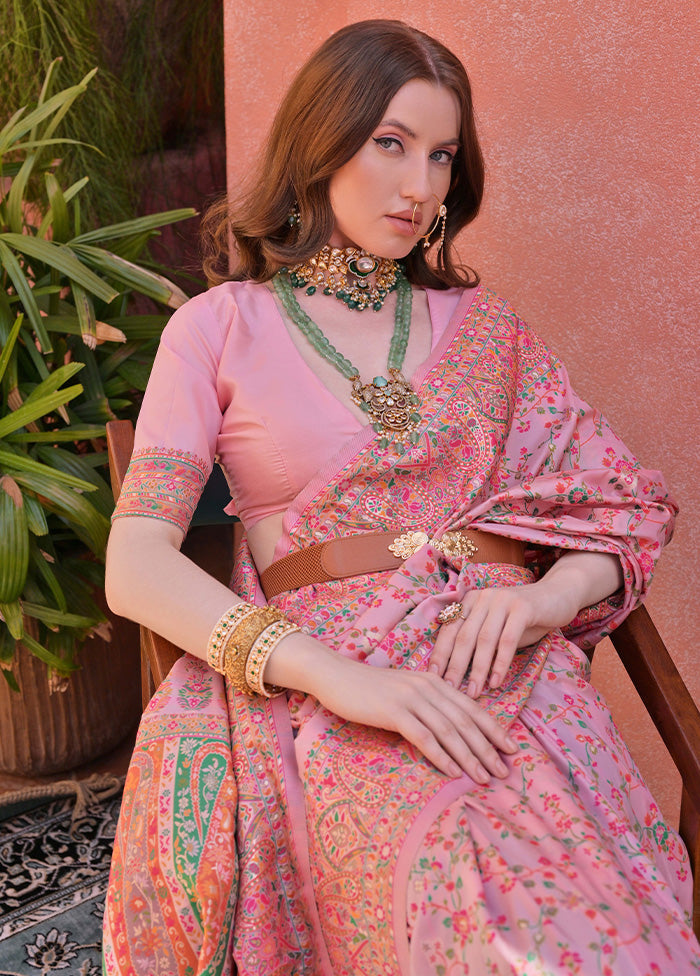 Baby Pink Banarasi Silk Saree With Blouse Piece