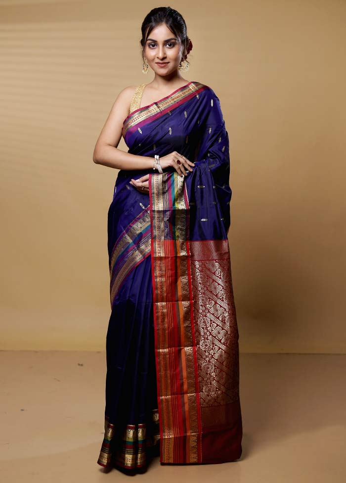 Blue Kanjivaram Silk Saree With Blouse Piece