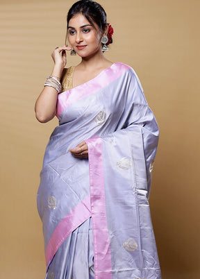 Grey Handloom Banarasi Pure Silk Saree With Blouse Piece