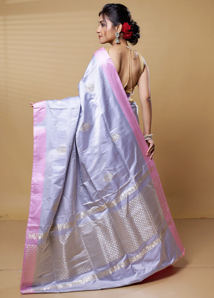 Grey Handloom Banarasi Pure Silk Saree With Blouse Piece