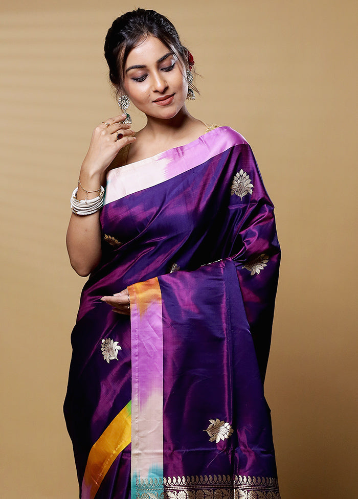 Purple Handloom Banarasi Pure Silk Saree With Blouse Piece