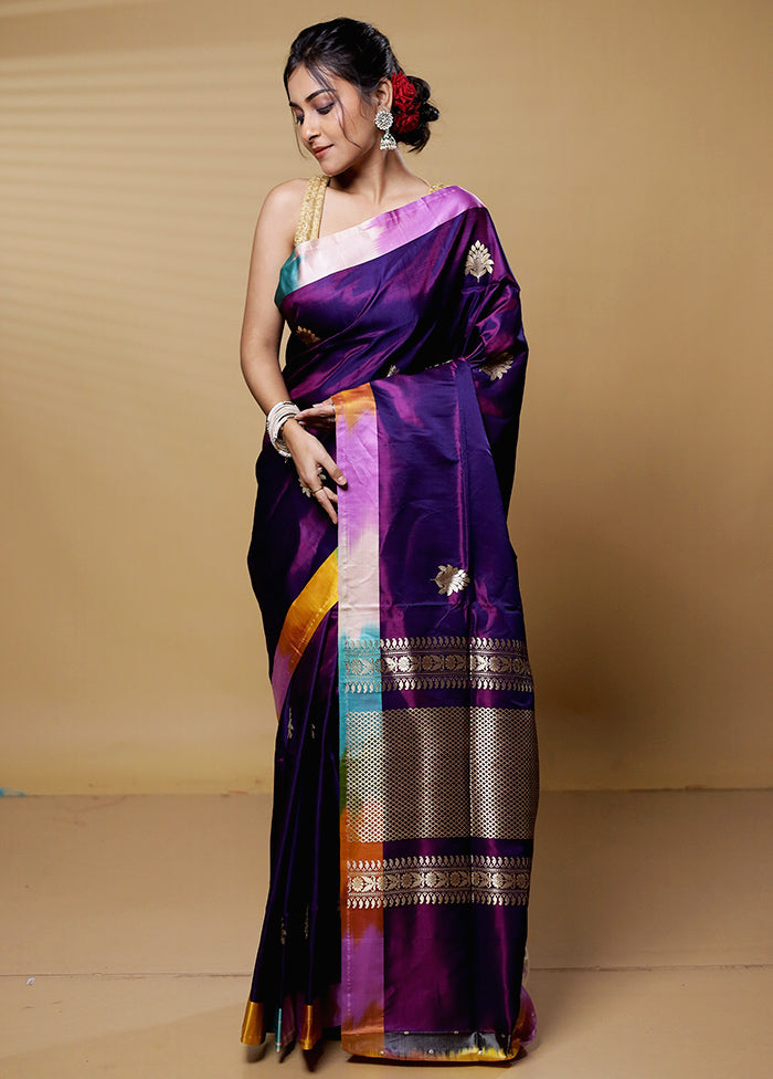 Purple Handloom Banarasi Pure Silk Saree With Blouse Piece