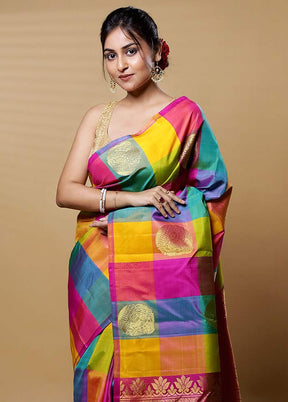 Multicolor Handloom Kanchipuram Pure Silk Saree With Blouse Piece