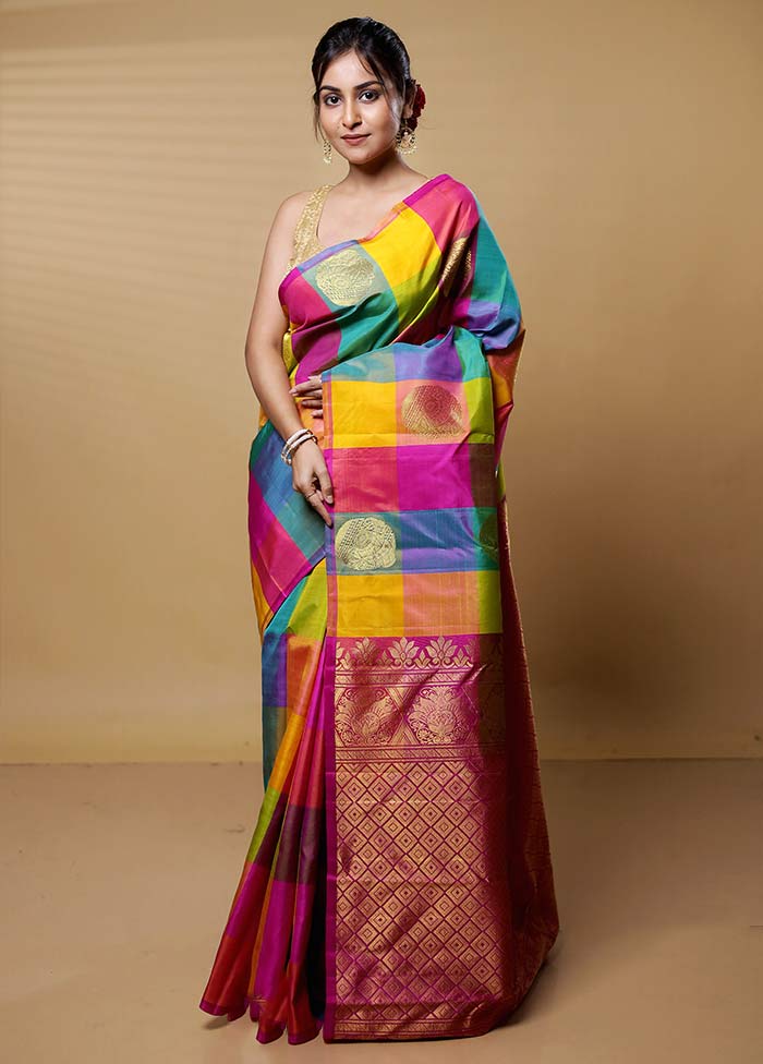 Multicolor Handloom Kanchipuram Pure Silk Saree With Blouse Piece