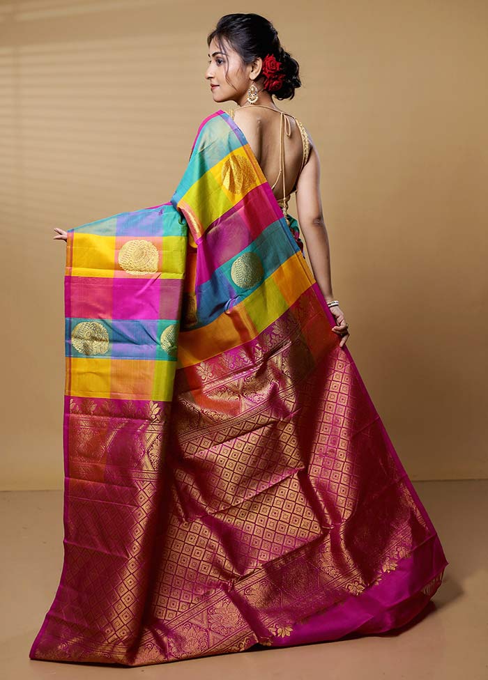 Multicolor Handloom Kanchipuram Pure Silk Saree With Blouse Piece