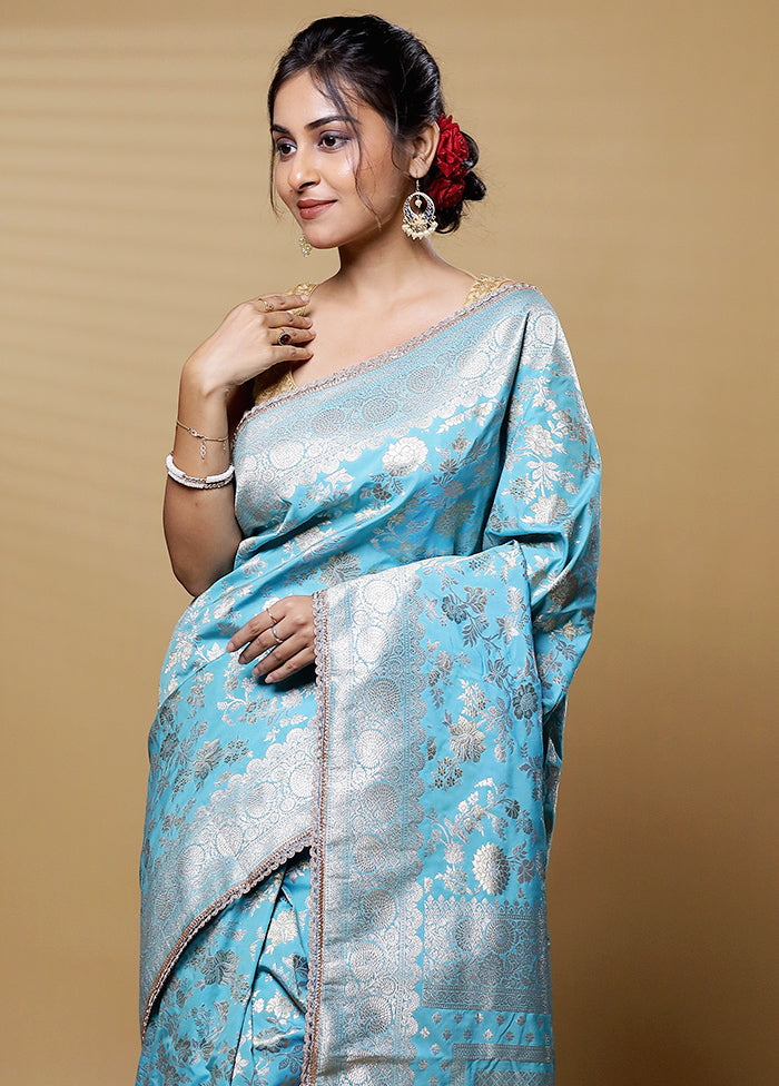 Blue Dupion Silk Saree With Blouse Piece