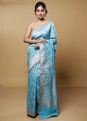 Blue Dupion Silk Saree With Blouse Piece