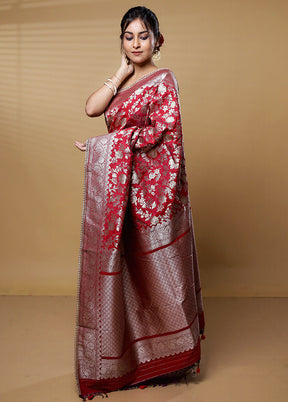 Red Dupion Silk Saree With Blouse Piece