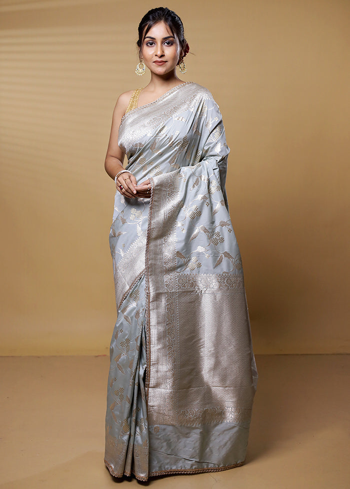 Grey Dupion Silk Saree With Blouse Piece