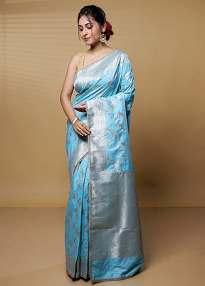 Blue Dupion Silk Saree With Blouse Piece