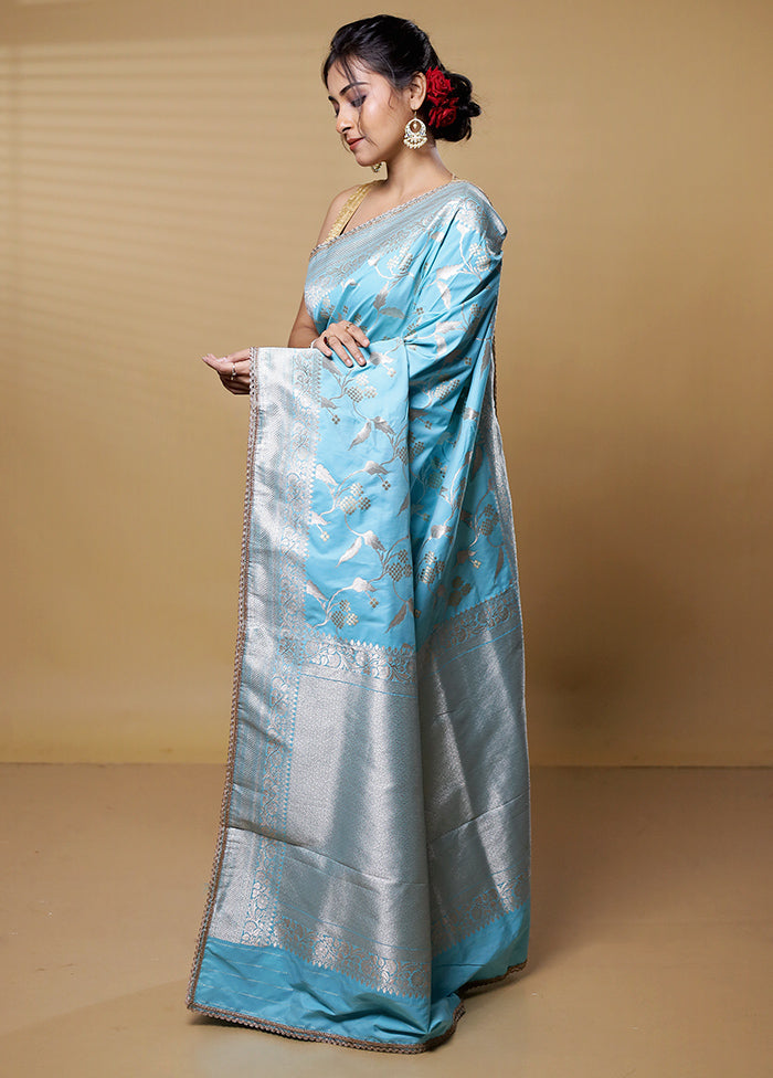 Blue Dupion Silk Saree With Blouse Piece