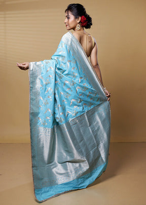 Blue Dupion Silk Saree With Blouse Piece