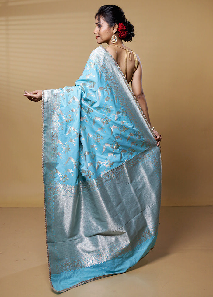 Blue Dupion Silk Saree With Blouse Piece