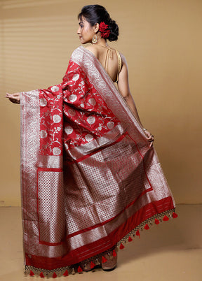 Red Dupion Silk Saree With Blouse Piece