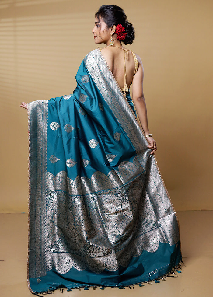 Blue Dupion Silk Saree With Blouse Piece