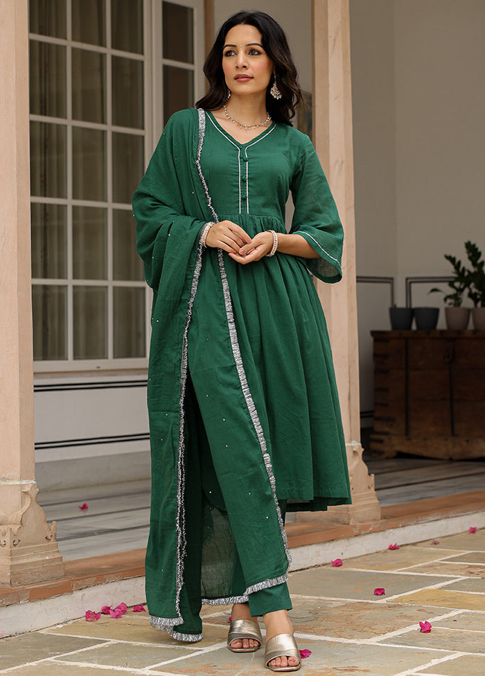 3 Pc Green Pure Readymade Mulmul Suit Set